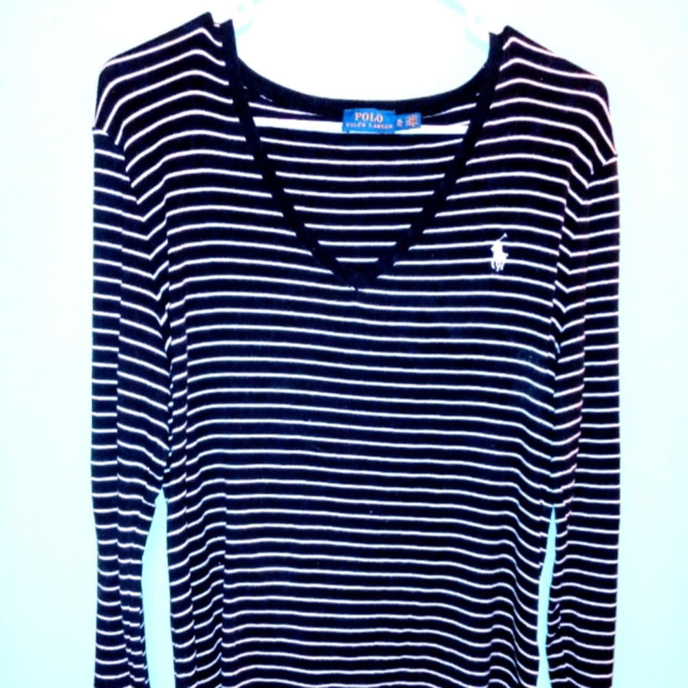 Ralph Lauren Black and White Striped V-Neck Sweater